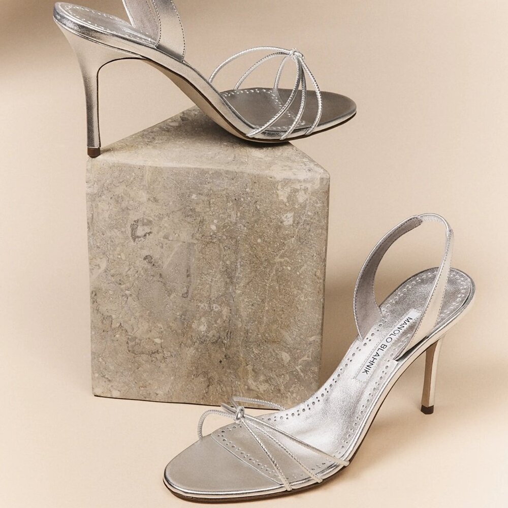 MANOLO BLAHNIK Silver Stiletto Sz. 8.5 Sandals "Sareta" Metallic Leather Heels